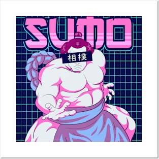 Japanese Sumo Wrestler In Mawashi Synthwave Kanji Posters and Art